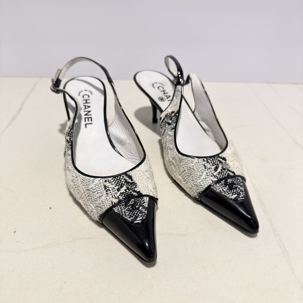 Chanel Vintage Tweed White And Black Kitten Heel Slingbacks Size 40